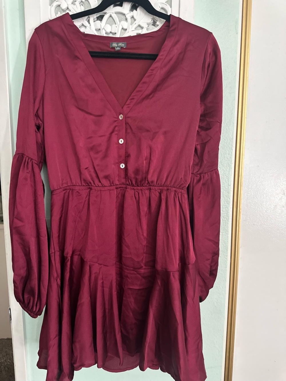 Lily Rose Wine Red V-Neck Tiered Long-Sleeve Dress